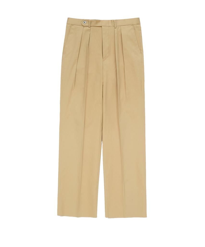 BELLIEF Gabardine Cotton Double Pleats Wide Chino Pants (Beige)