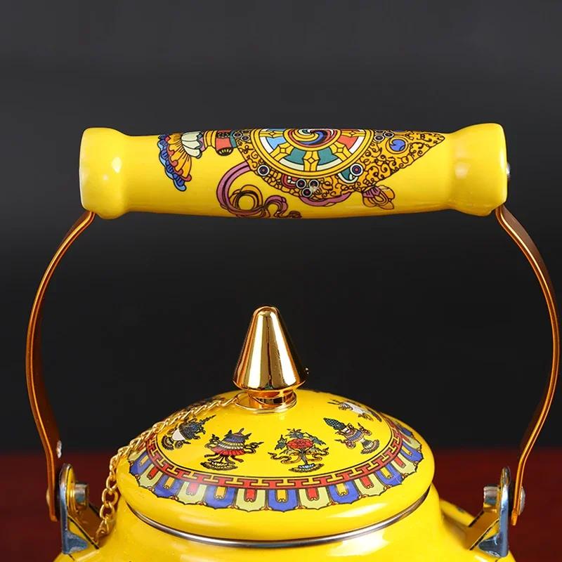 Enameled Teakettle with Ceramic Handle,Tibet Good Luck yellowTea Kettle for Stovetop/induction Cooke Hot Water No Whistling 2.4L