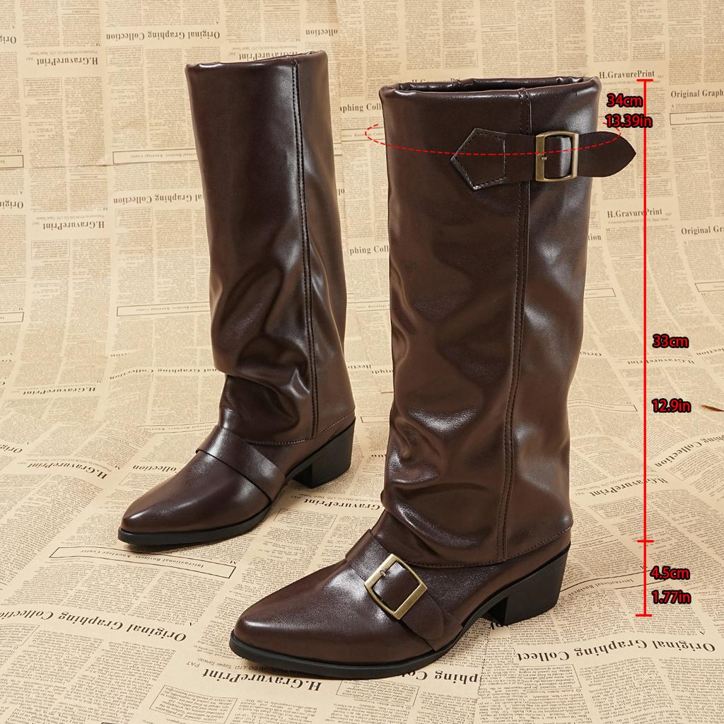 Korean Version of Retro Thick Heel But Knee Boots Women's 2025 Autumn and Winter New Outer Wear Versatile Metal Buckle Round Head Boots