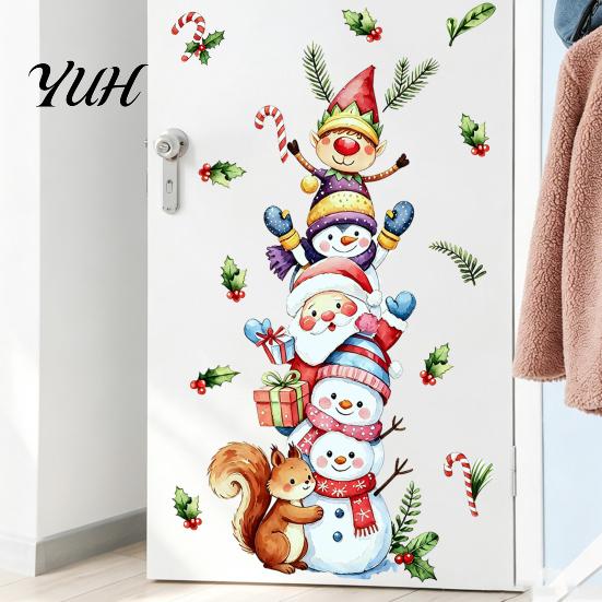 Holiday Window Clings Christmas Wall Stickers with Snowman Santa Claus Elf Patterns, Peel And Stick Watercolor Cartoon Indoor Outdoor Ornaments Decals