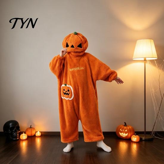 Pumpkin Onesie Pajamas Halloween for Kids, Plush Hooded One Piece Pajama Sleepwear, Cosplay Costume Holiday Party