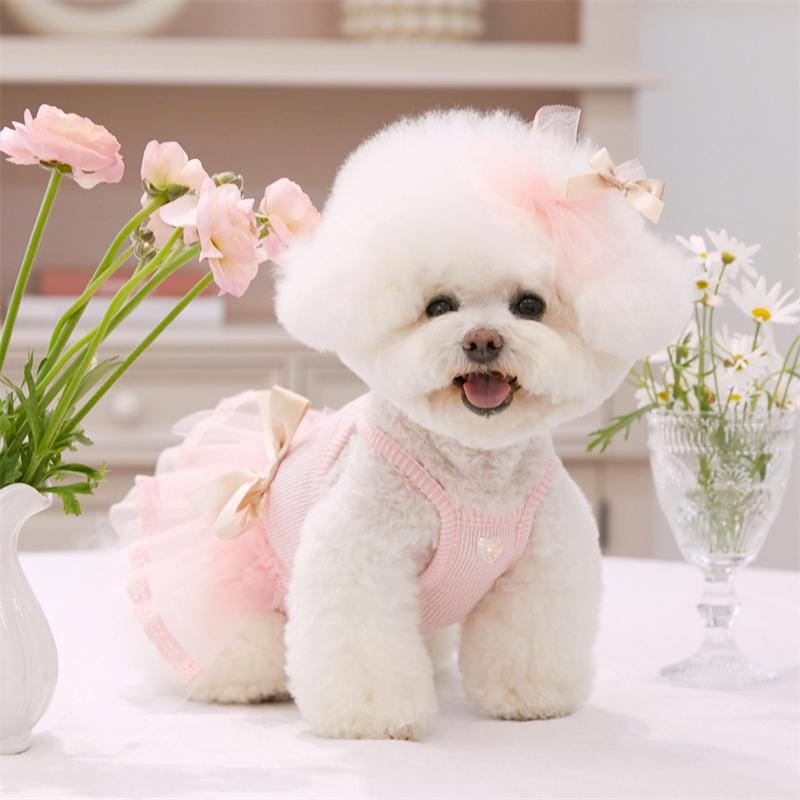 2026 New Pink Dog Dress Lace Ruffle Tulle Dog Tutu Dress Sling Ribbon Bows Dress for Small Dog Girls Female Party Puppy Outfits
