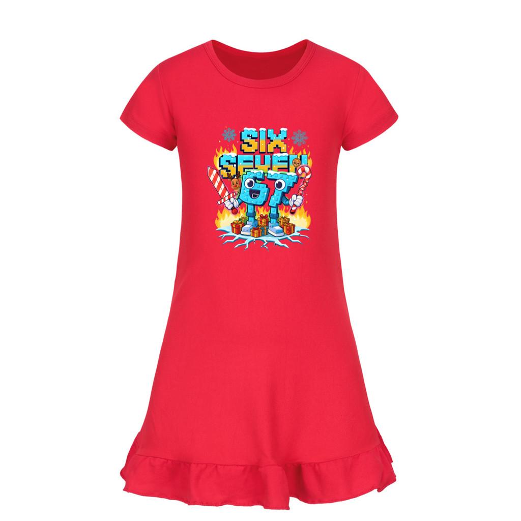 5193 Детское Платье для Девочек Steal a Brainrot 67 Six Seven с Принтом и Короткими Рукавами с Рюшами
