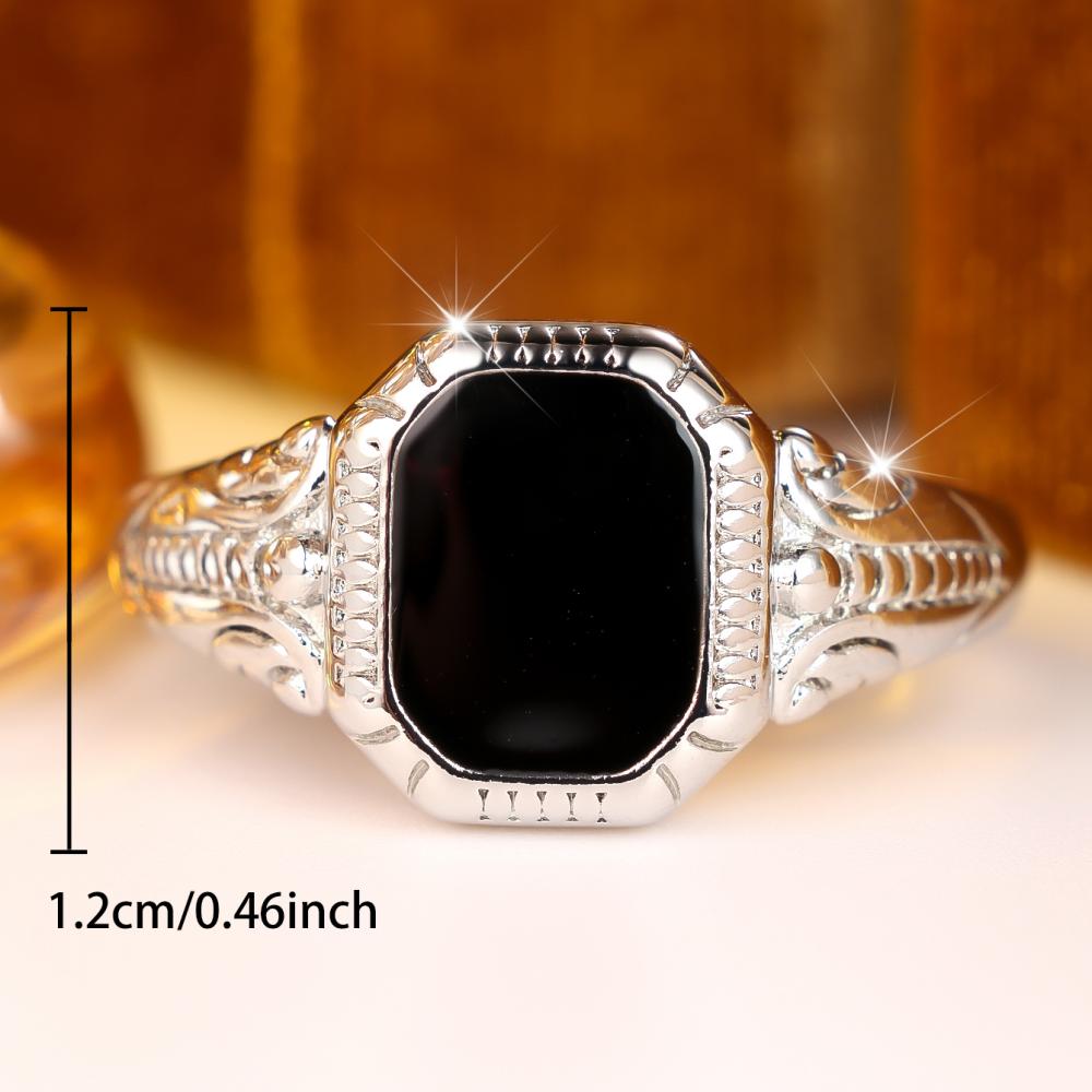 Retro Carved Signet Ring Silver Tone Black Stone Engraved Jewelry for Men Party