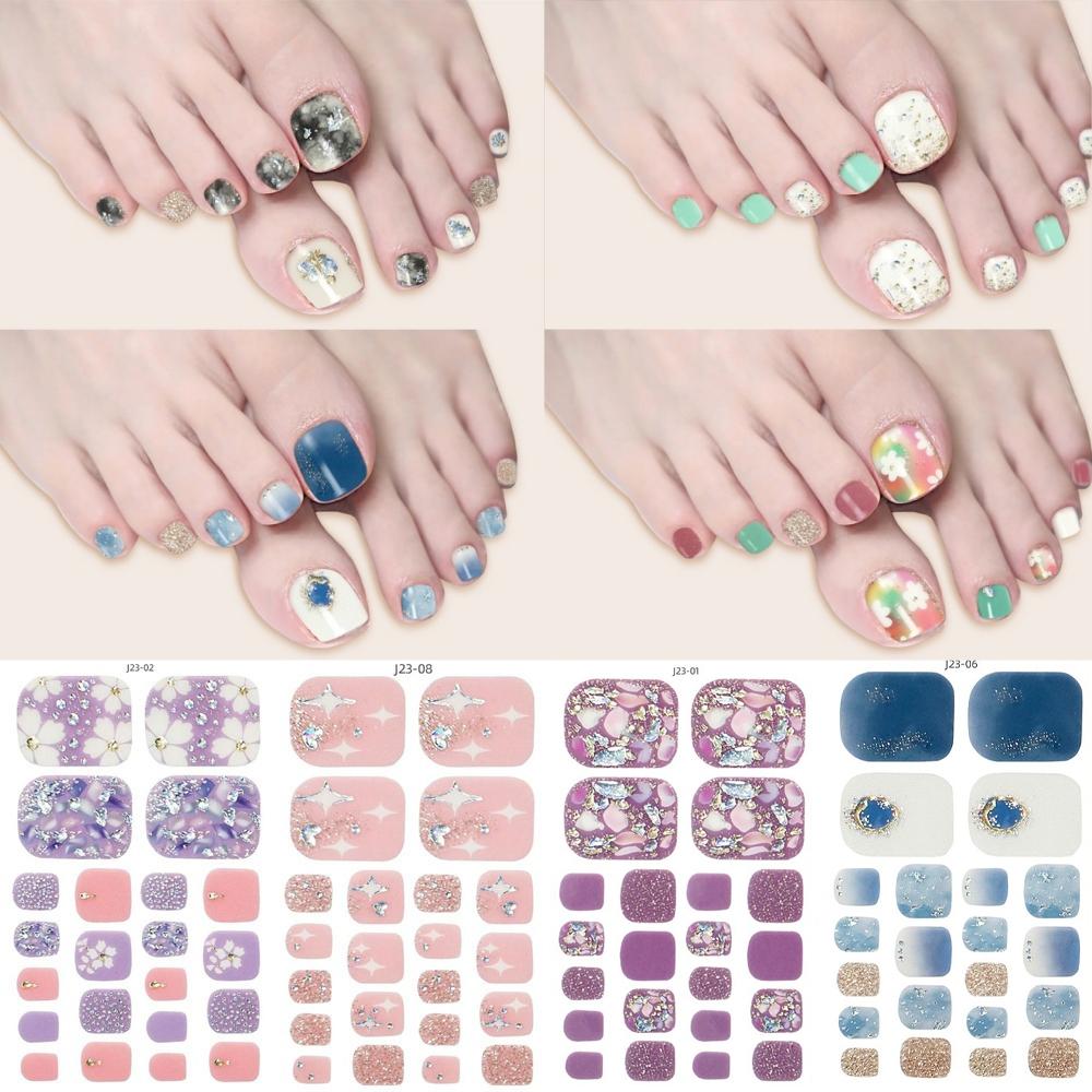 22Pcs/Set Toe Nail Fake Self-adhesive Nails Sticker Various Nail Patterns False Nail Stickers With Jelly Glue