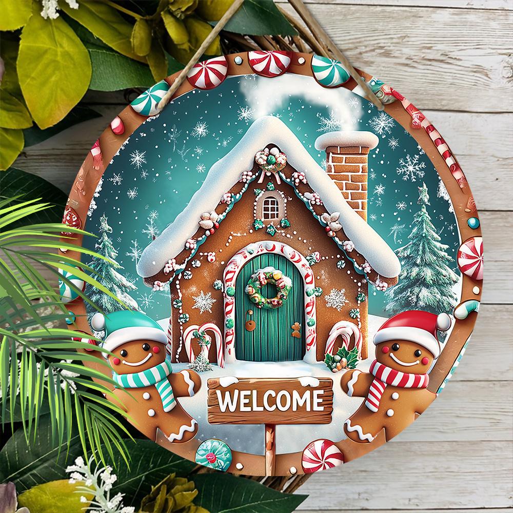 Wooden Christmas Sign with Snow House & Gingerbread Man Pattern - Navidad Welcome Sign for Front Door Wall Hanging Decor - Ideal Christmas Gift
