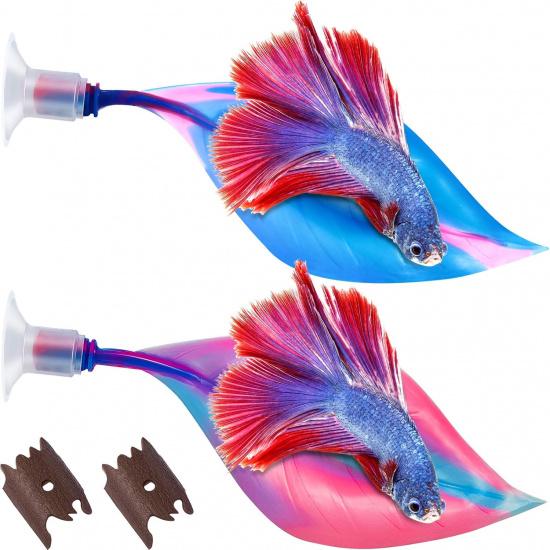WILLBOND 2 Pcs Blue Pink Silicone Betta Fish Bed Leaf Hammock Betta Fish Tank Accessories Decorations for Aquarium Ornaments, Practical Resting Spot,