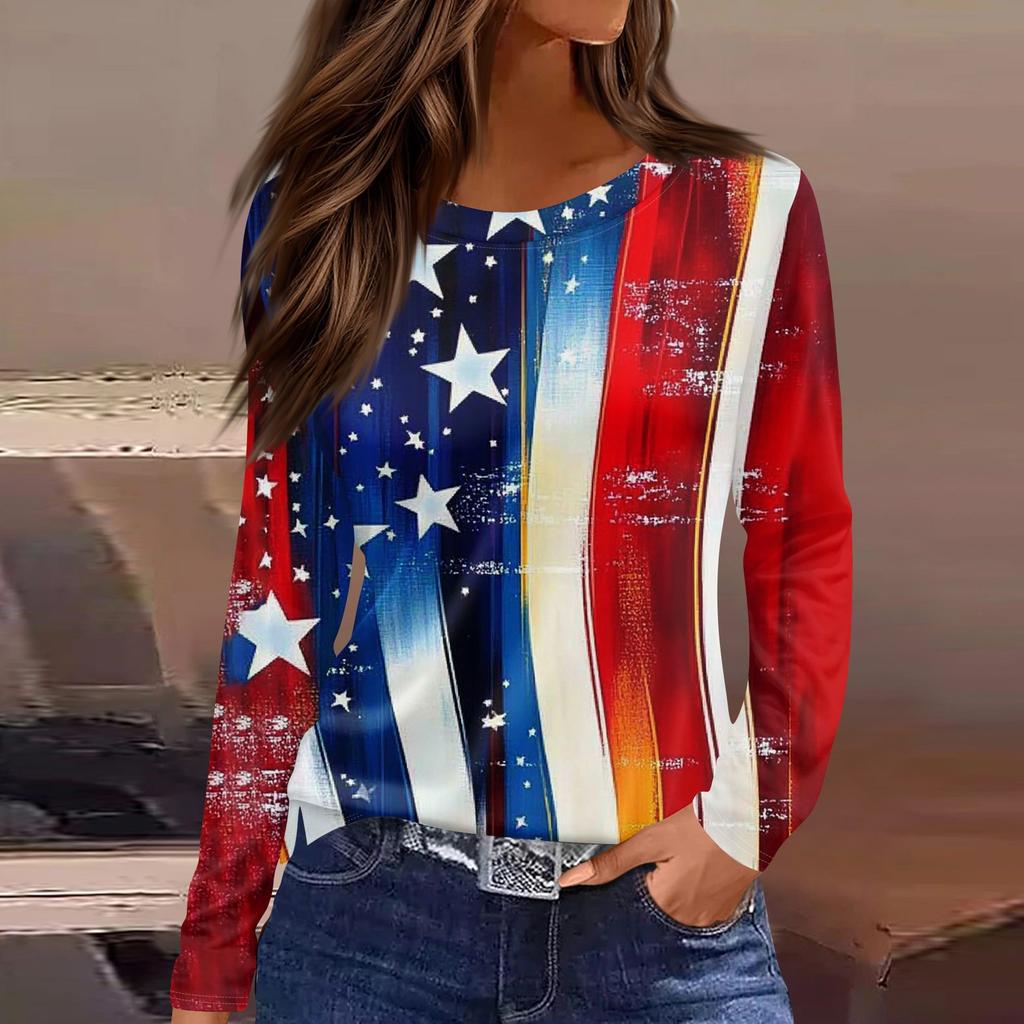 Women's Fashion Slit Hem Independence Day Printed Round Neck Long Sleeve Top