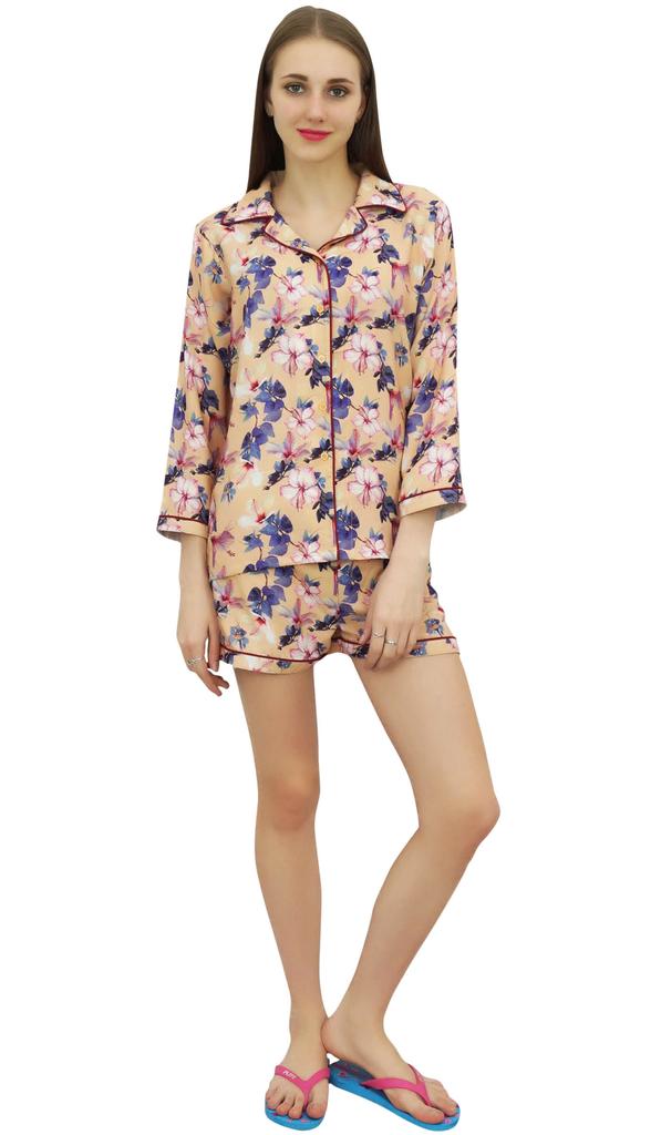 Bimba Womens Beige Rayon Printed Shorts Set Long Sleeve Sleepwear