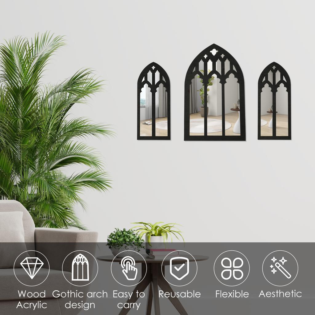 3Pcs Gothic Arched Window Wall Mirror Set Self-Adhesive Cathedral Arched Mirror Rustic Farmhouse Accent Mirror for Home Decor