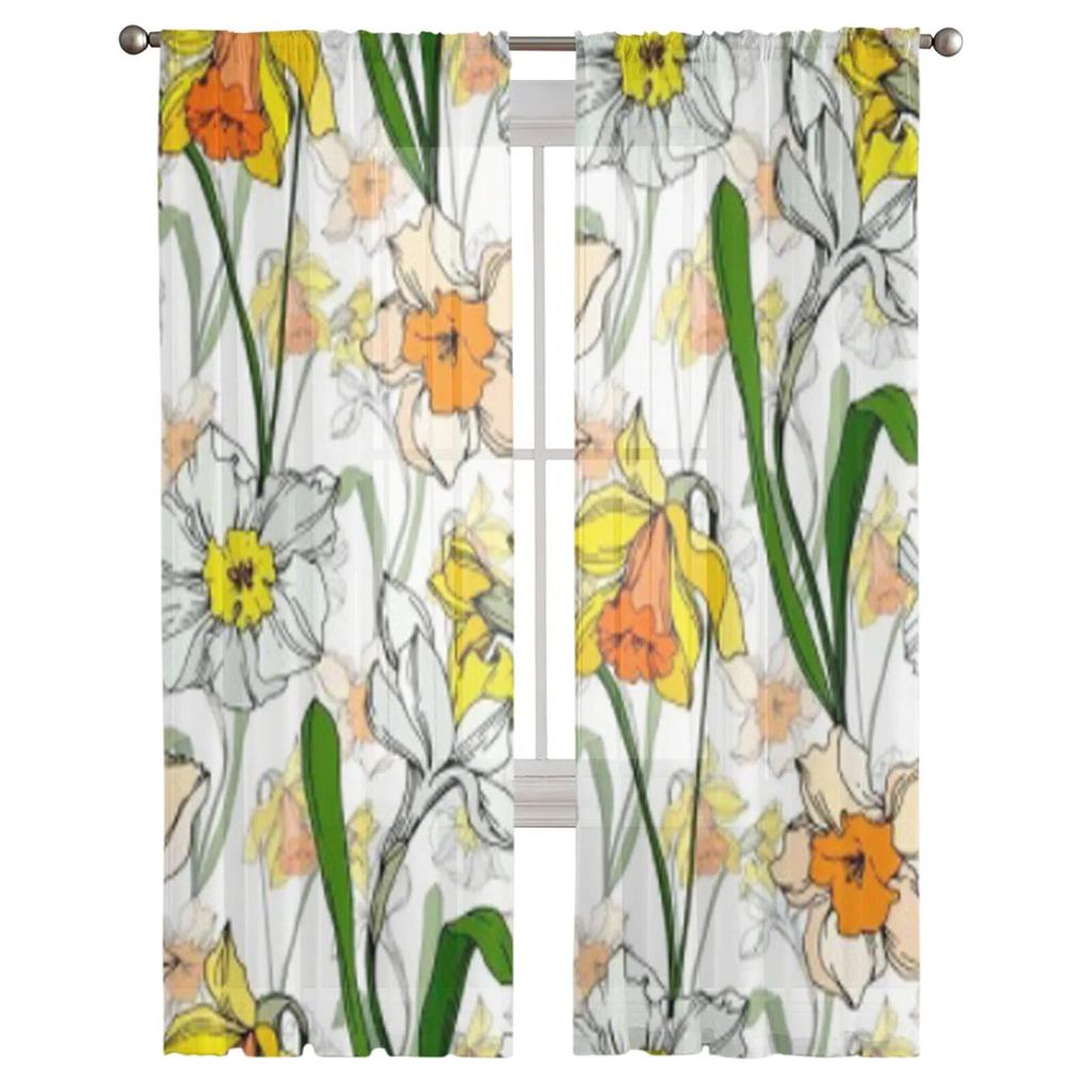 Ручной рисунок дикой розы, цветок нарцисса, прозрачные шторы для гостиной, современная мода, занавески с балдахином для кухни, тюлевые шторы