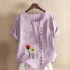 Женская мода с цветочным принтом, круглым вырезом и коротким рукавом, повседневная хлопково-льняная рубашка с рисунком, свободная летняя блузка для отдыха, топы