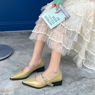 Весна 2025 новые французские туфли-лодочки с острым носком, металлической пряжкой, толстым и средним каблуком, одинарные туфли, маленькие кожаные туфли женские