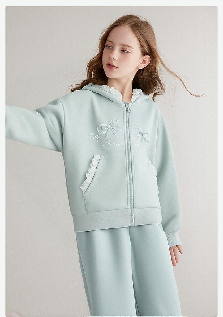 Girls' Hooded Zipper Top and Wide Leg Pants Set