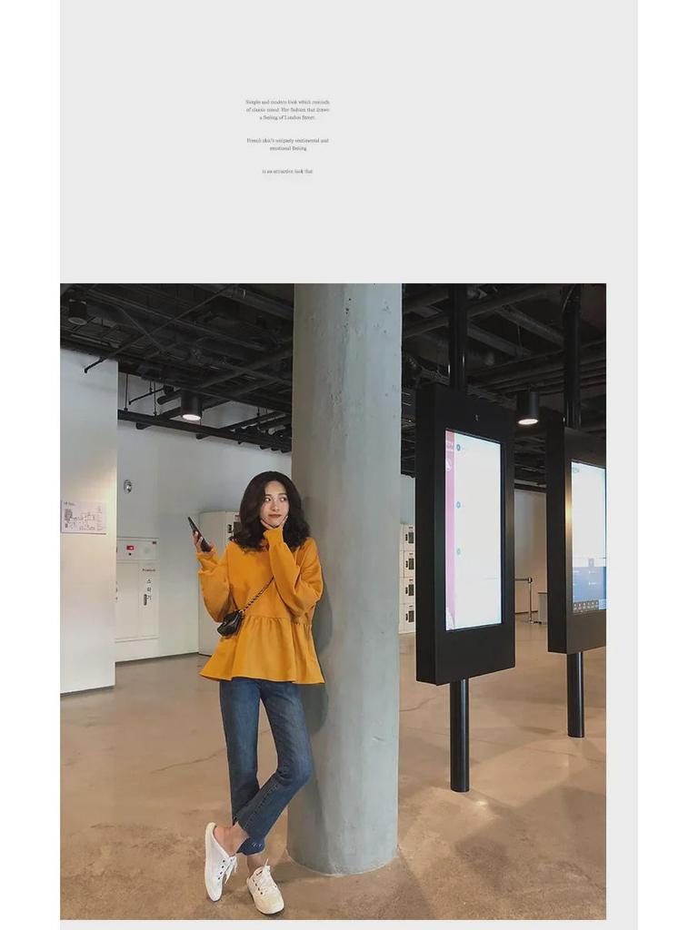 2023 Осень Корейский Женский Свободный Повседневный Однотонный Свитер-Футболка с Длинным Рукавом Тренд