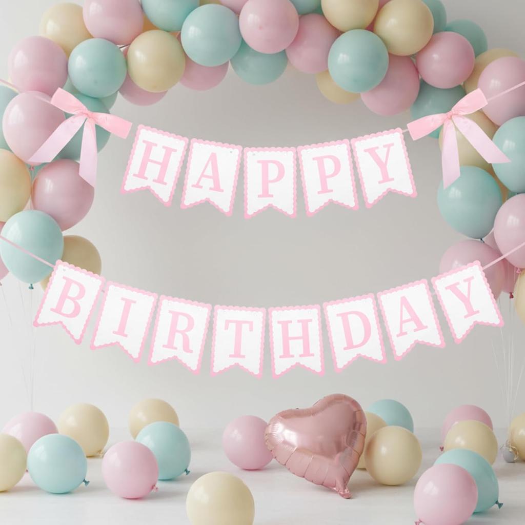 JIEYAO Pink Bow Happy Birthday Banner, Coquette Birthday Garland with Scalloped Letters for Bow Birthday Decorations Women Cake Smash Party