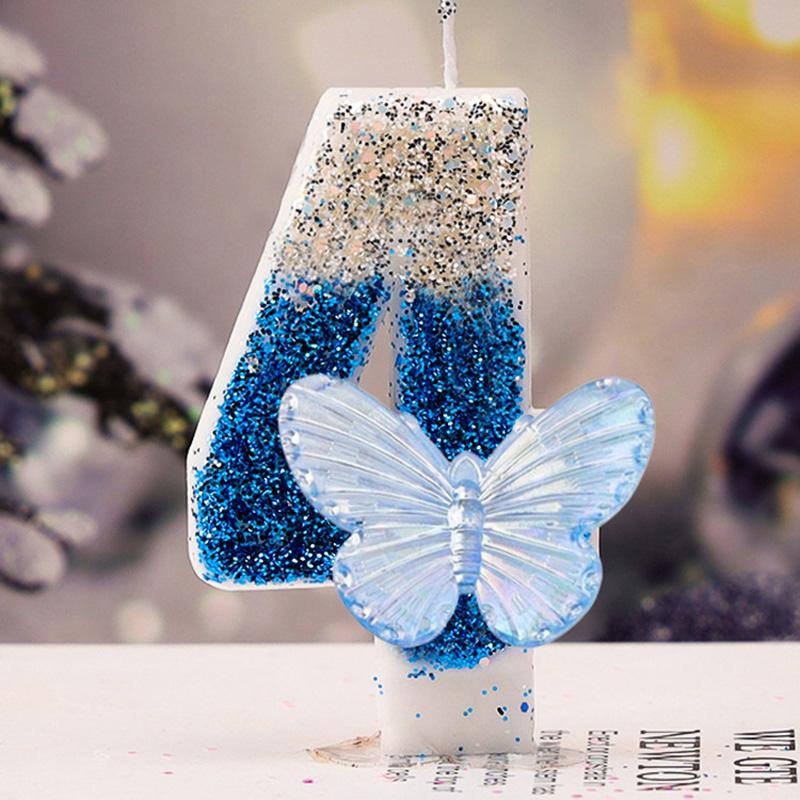 1 шт., цифровая свеча с номером 0-9, блестящий серебряный топпер для торта, синяя бабочка, принадлежности для дня рождения
