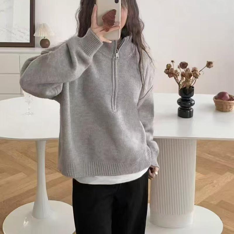 Autumn and Winter Half Zipper Stand Up Collar Knitted Sweater for Women Coat Top Women