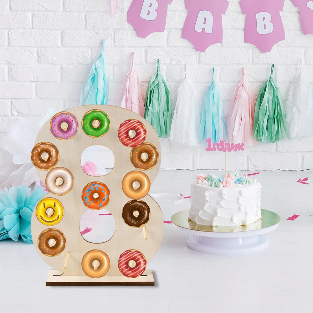 Wood Number Shaped Donut Wall Stand Doughnut Party Dessert Candy Bar Holder Birthday Baby Shower Rustic Wedding Table Decor
