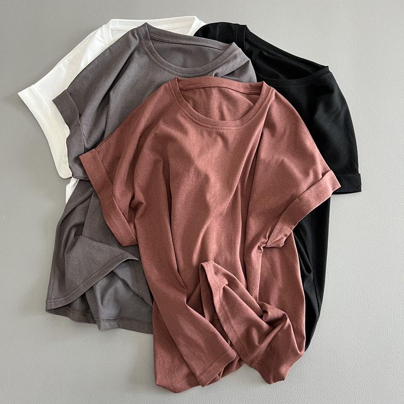 Women Summer Loose Round Neck T-Shirt Cotton Short Sleeve Casual Base Layer Tops