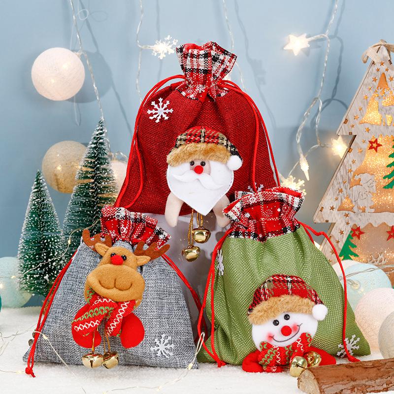 Santa Claus Snowman Elk Bell Gift Bag Christmas Gift Bag Candy Bag Snowflake Crisp Drawstring Bag