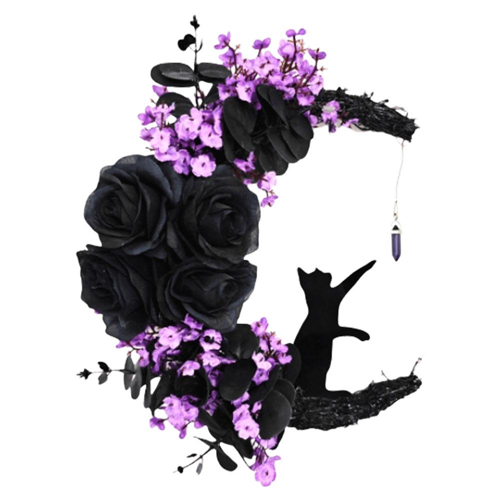 Handmade Artificial Moon Cat Garland Halloween Cat Door Wreath Halloween Door Wreath for Home Party Window Wall Indoor Outdoor
