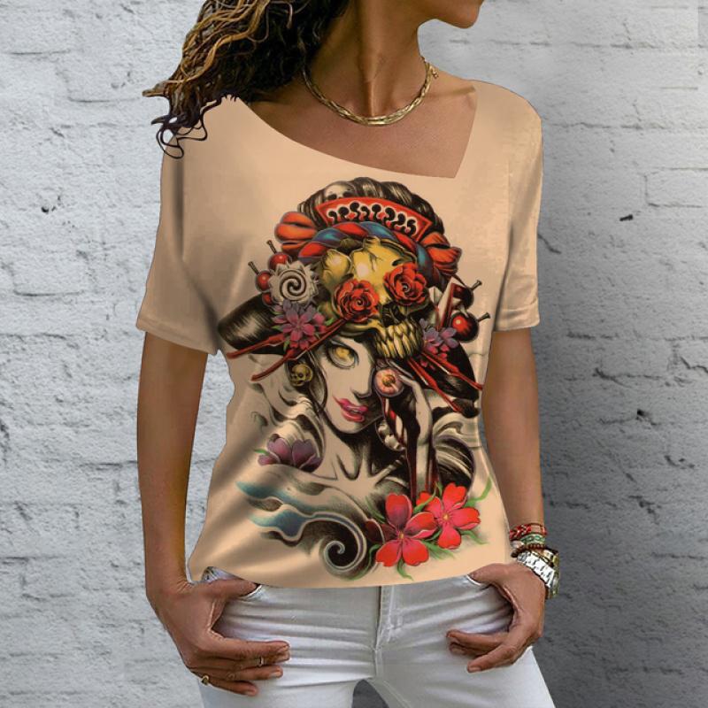 Лето 2023, винтажная женская футболка с изображением черепа, топы с v-образным вырезом, повседневный хлопковый пуловер с короткими рукавами, женская уличная одежда в стиле Харадзюку в стиле панк