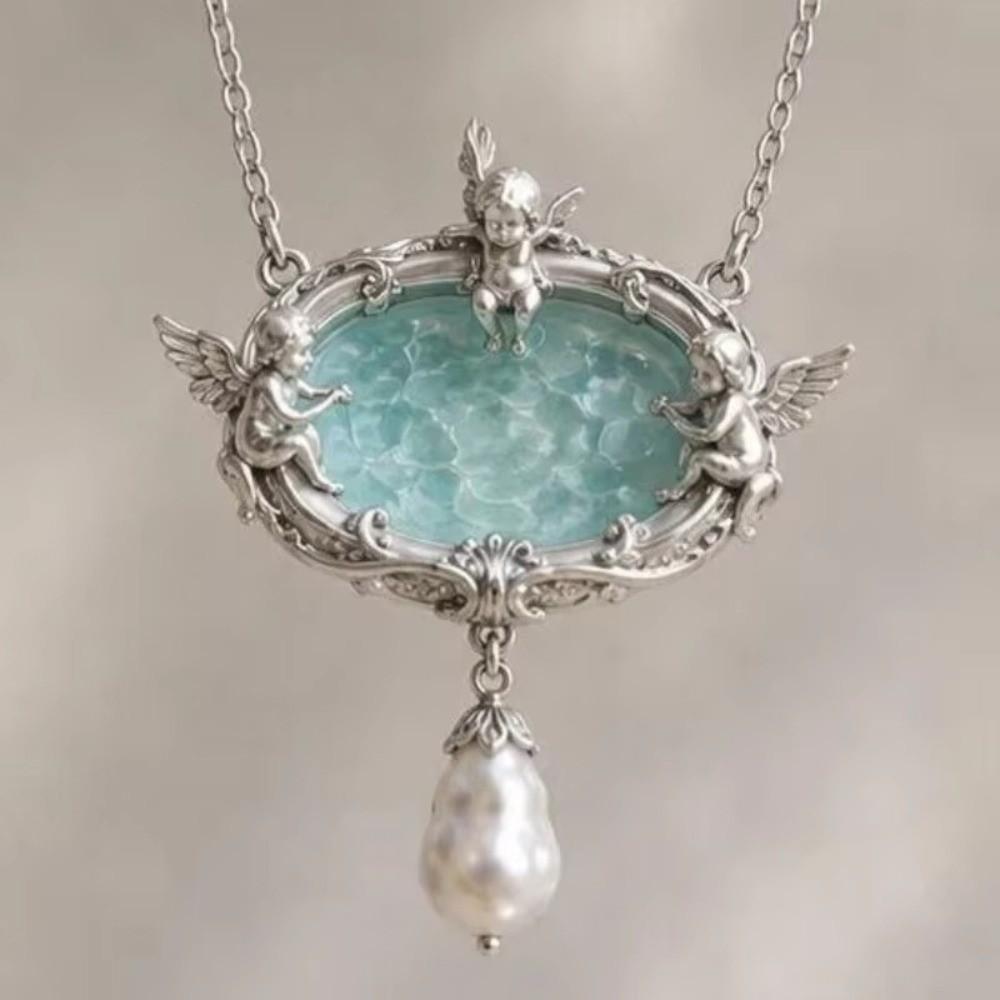 Embossed Detail Clavicle Chain Retro Design Angel Embossed Necklace Gift Giving