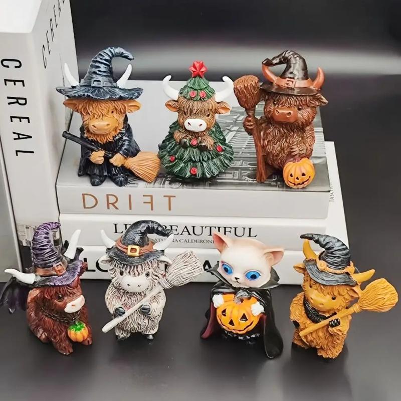 Cute Scottish Highland Cow Resin Figurine Adorable Home Decor Ornament for Halloween Christmas Desk Decoration Festive Gift