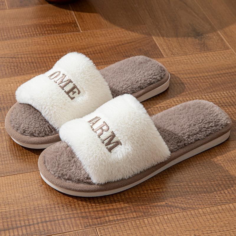 Зимние домашние плюшевые теплые хлопковые тапочки с вышивкой на мягкой подошве