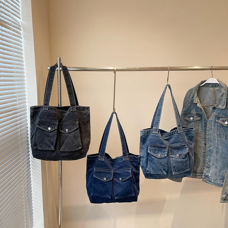 Fashionable Womens Tote Bag In Denim Fabric With Double Shoulder Straps For Commuting