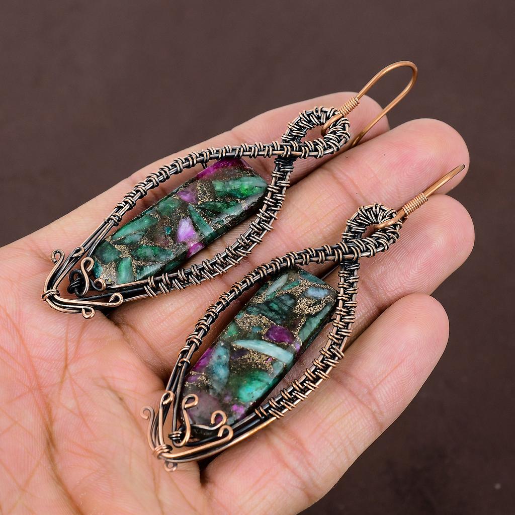 Ruby Zoisite Lab-Created Handmade Copper Wire Wrap Jewelry Earring 3.54 g9J55