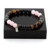 Stones and Minerals. Rose Quartz + Labradorite + Black Obsidian + Tiger's Eye Pearl Bracelet Made In France.