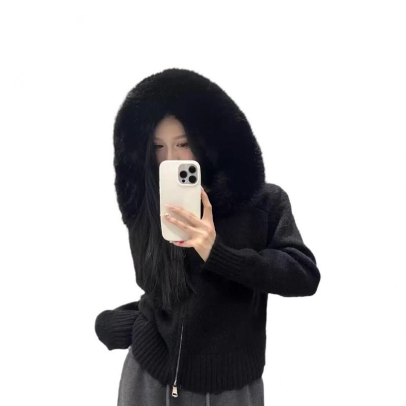 Womens Oversized Knit Cardigan With Hood Faux Fur Trim Long Sleeve Winter Casual Sweater Jacket