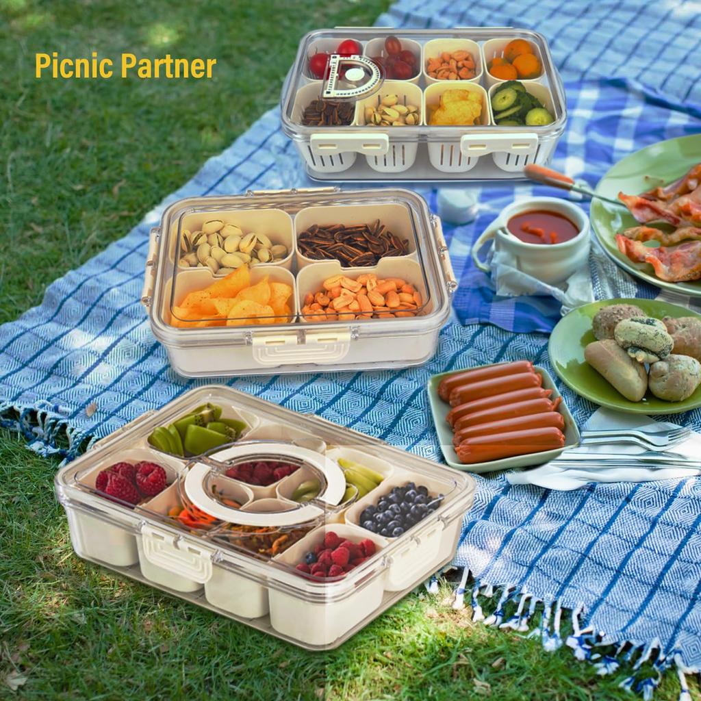 8 Compartments Divided Serving Tray with Lid Veggie Tray Portable Snack Box Food Container for Biscuits, Candy, Fruits, Nuts