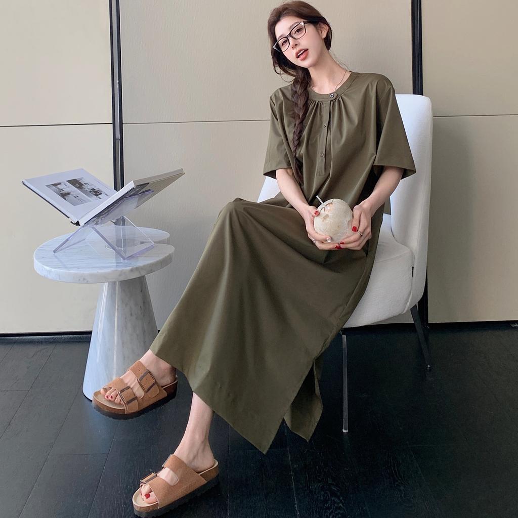 Dimanaf 2025 Летнее платье больших размеров для женщин, повседневное винтажное платье, базовое свободное платье с круглым вырезом и короткими рукавами, хлопок