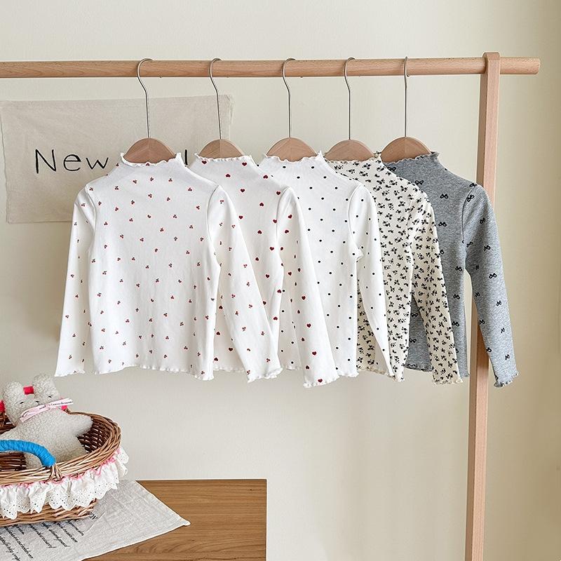 Children Girls Long-sleeved T-shirts Autumn Dot Print Infant Babys Girl Tops Turtleneck Bow Flower Toddler Kids Girls Undershirt