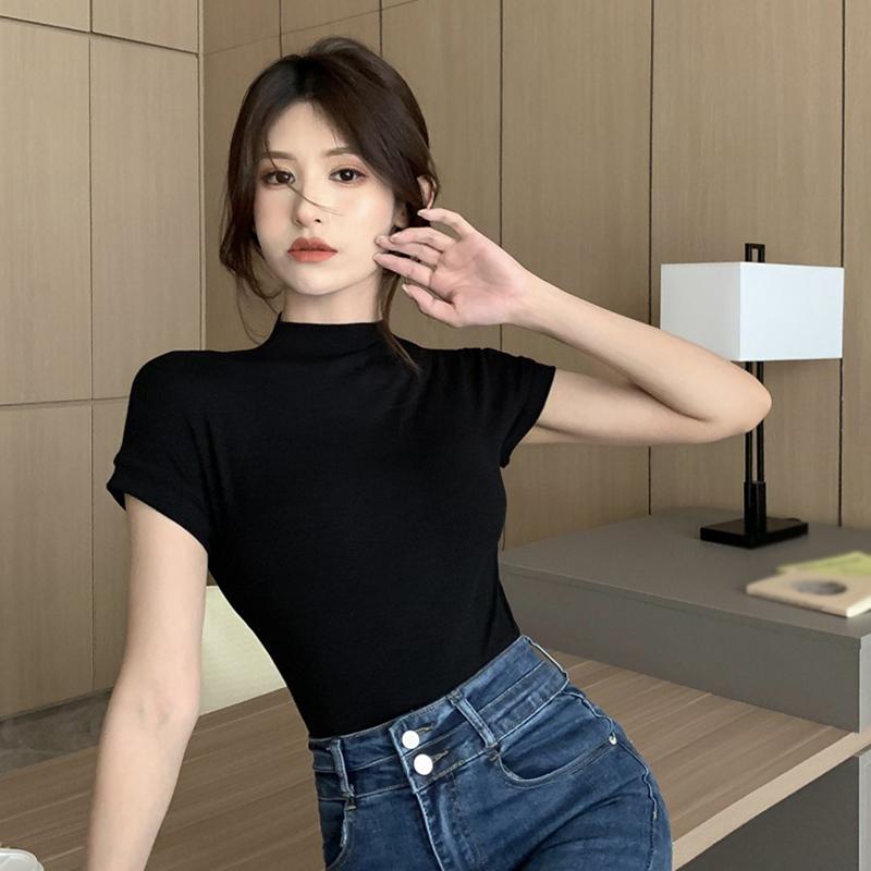 M-XL элегантная тонкая футболка с коротким рукавом для женщин, однотонная летняя полуводолазка, мягкий повседневный универсальный пуловер, топ