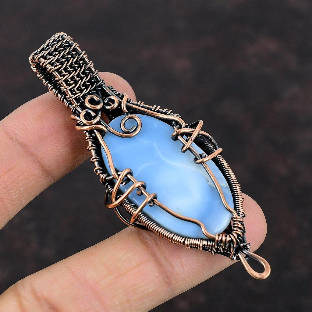 Кулон с Овайхи Голубым Опалом, Кулон, обернутый медной проволокой, Драгоценный камень, Ювелирное изделие ручной работы, Подарок для женщин, Кулон новейшего дизайна, Красивое медное украшение
