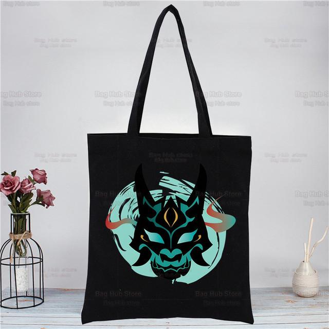 Genshin Impact Xiao аниме-игровые сумки, тканевая холщовая большая сумка, черная сумка для покупок, путешествий, женские эко-многоразовые сумки на плечо для покупок