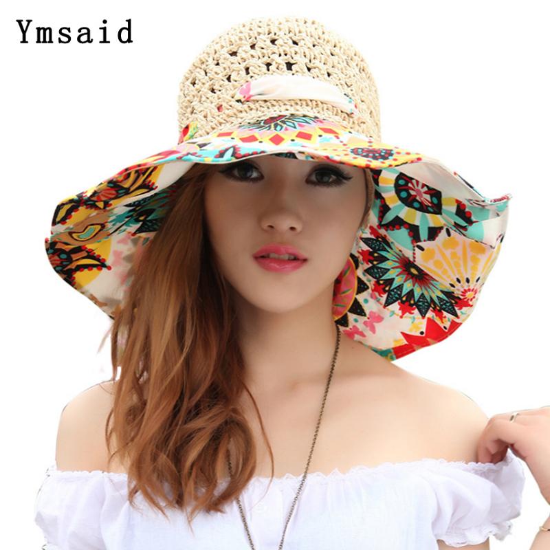 Fashion Sun Hat For Women Holiday Beach Straw Hat Female Hollow Printed Bow Summer Big Brim Hat Fold Uv Protection Floppy Hat