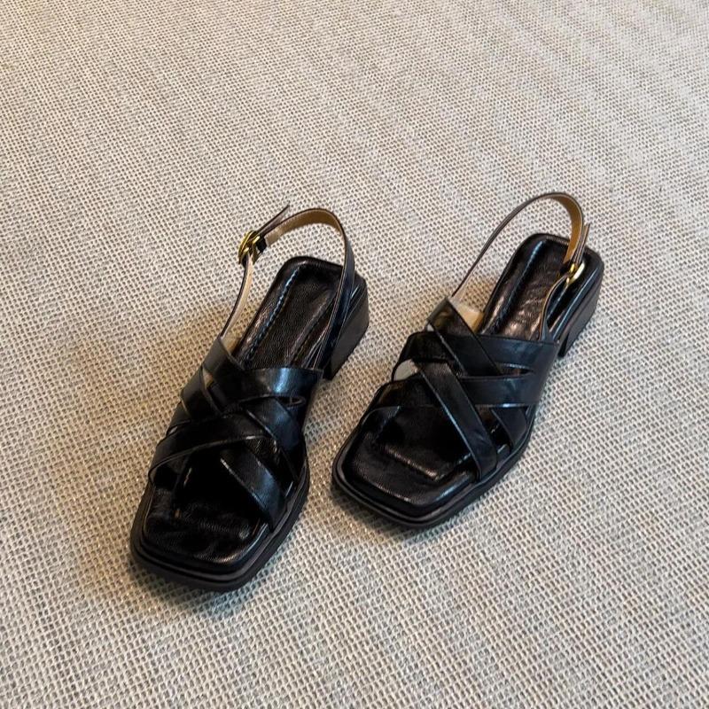 Sheepskin version~ Leather square head cross-strapped shoes for women's summer wear literary and retro woven thick-heeled sandals