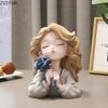 Lovely Wave Haired Girl Figures Rose Flower Statue Desk Decoration Exquisite Character Resins Sculpture Room Aesthetics Decor