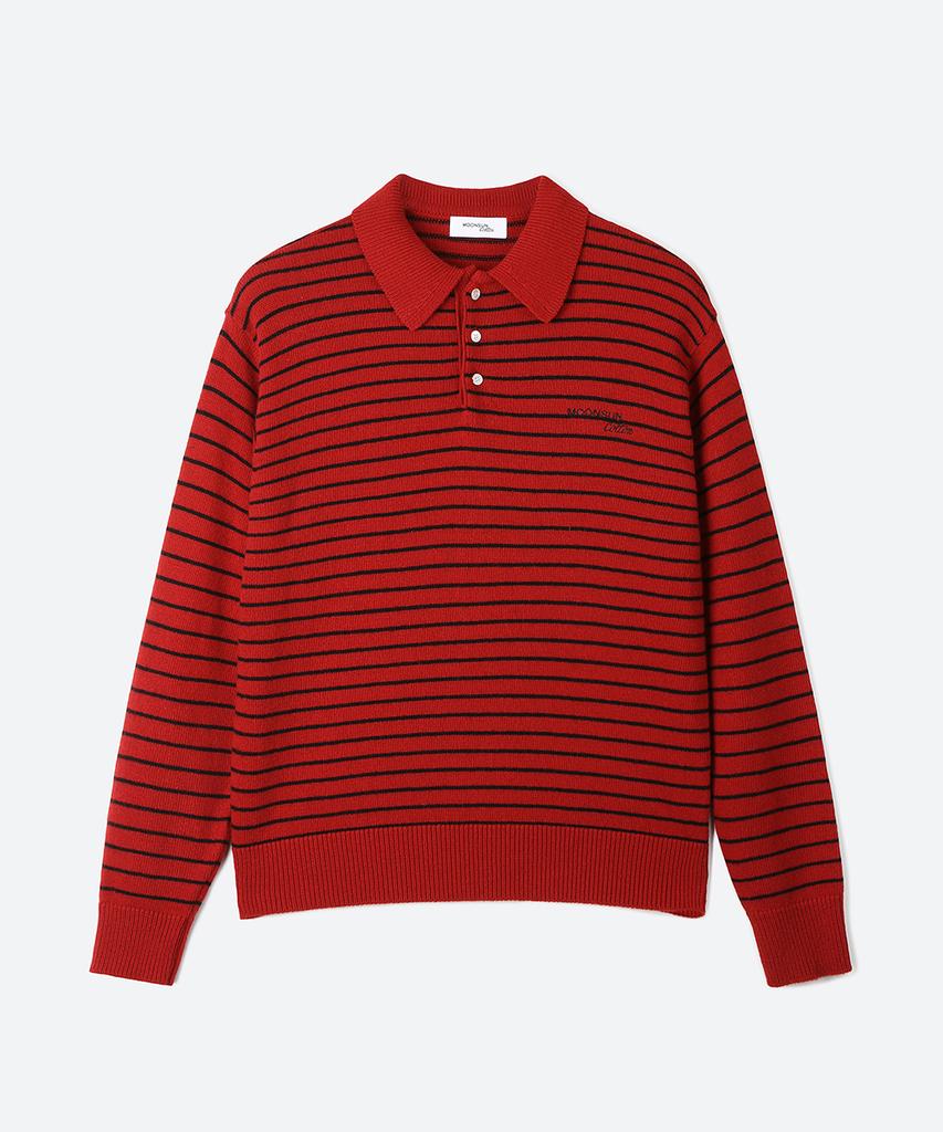 MOONSUN 02 M.C Unisex, Stripe Wool Collar Knit / Deep Red