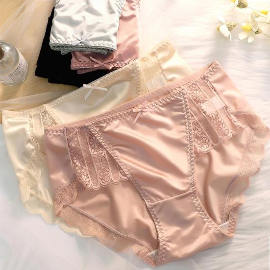 Smooth Satin See-through Lace Stitching Briefs Sexy Bowknot Decor Mid-rise Hip Lifting Breathable Thin Women Panties