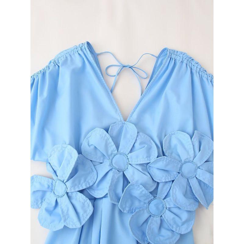 Kaslead New Arrival Women's Clothing Fashion Style Fashion Three-Dimensional Flower V Neck Short Sleeve Drawstring Dress