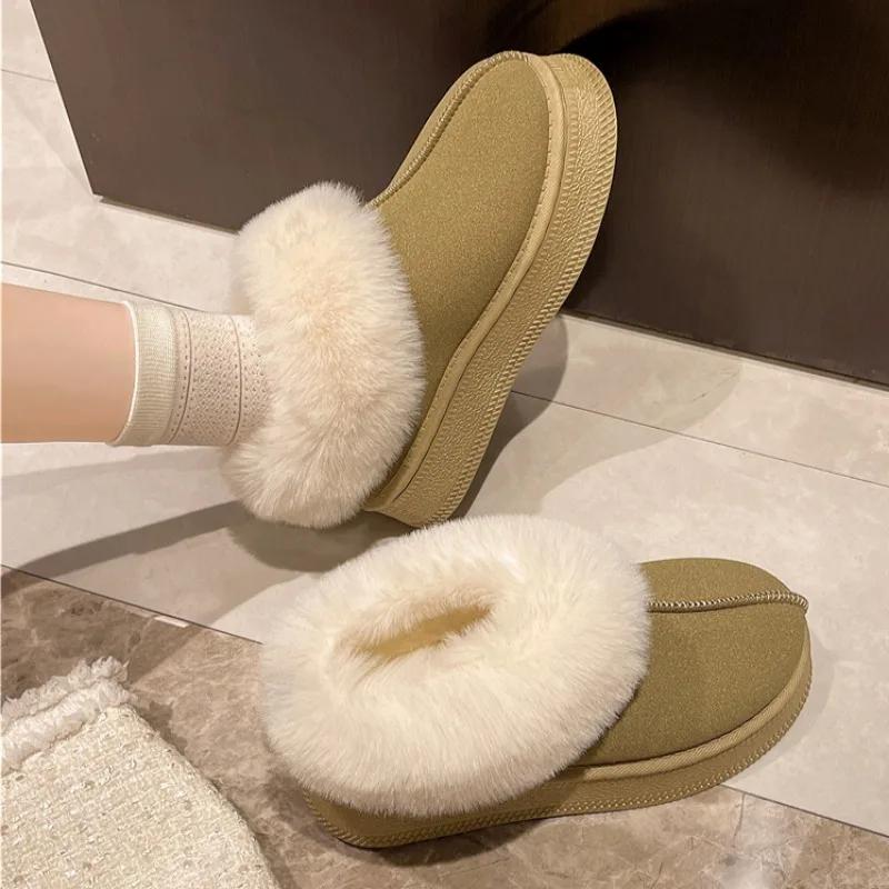 Женские плюшевые теплые ботильоны на толстой подошве, повседневные зимние ботинки на открытом воздухе, без застежек 2024 года, нескользящие плоские хлопковые туфли с меховым дизайном Zapatos