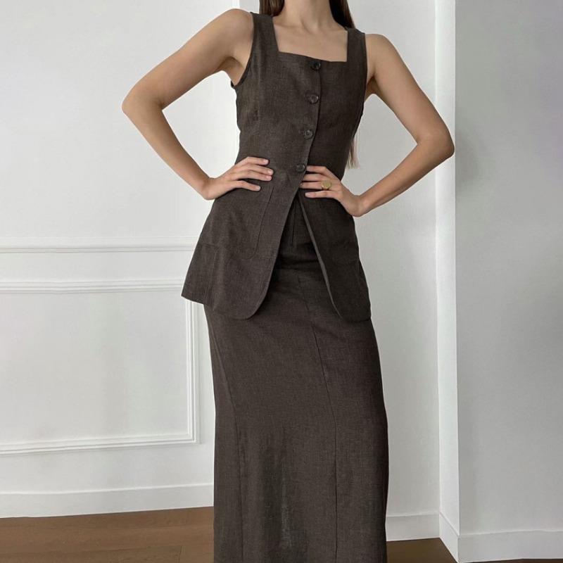 Spring Summer Slim Solid Color Cotton 2 Piece Sets Women 2025 Elegant Sleeveless Single Breasted Tank Top with High Waist Long Skirts Set