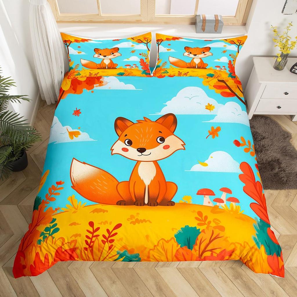 Детский мультяшный пододеяльник с лисой Кинг Квин Оранжевый комплект постельного белья с животными Декор для спальни для девочек-подростков Чехол для одеяла с 2 наволочками