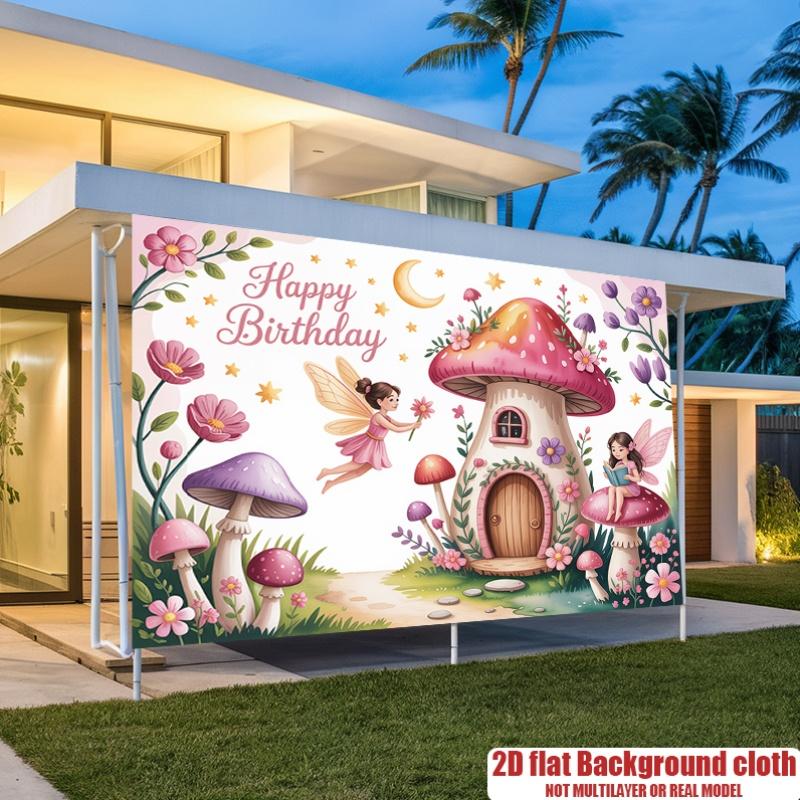 Fairy Garden Birthday Party Banner, Mushroom House Polyester Backdrop for Home Wall